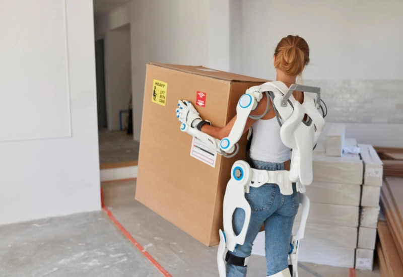 woman carrying box using exoskeleton