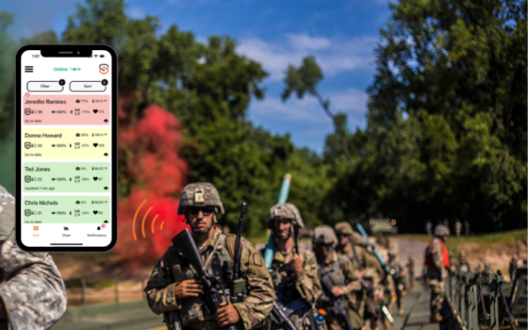 Military men run in a line during training. A pop-out image of the SlateSafety Go mobile app demonstrates tracking physiological monitoring to help prevent heat stress.