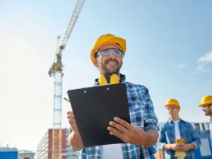 construction worker with clipboard outside a worksite